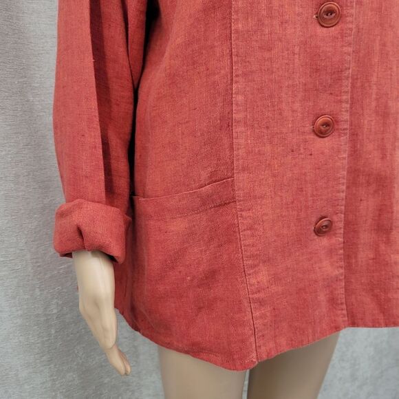 FLAX Linen Orangey Red Rust Button Up Jacket Schaket With Pockets - Picture 3 of 11